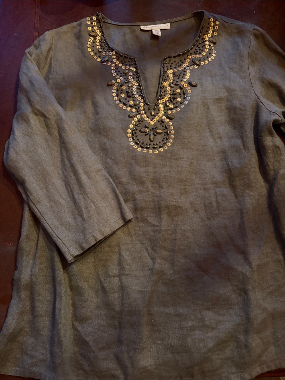 Women’s size 12P shirt M  collection Olive Tunic with Gold and green Sequin